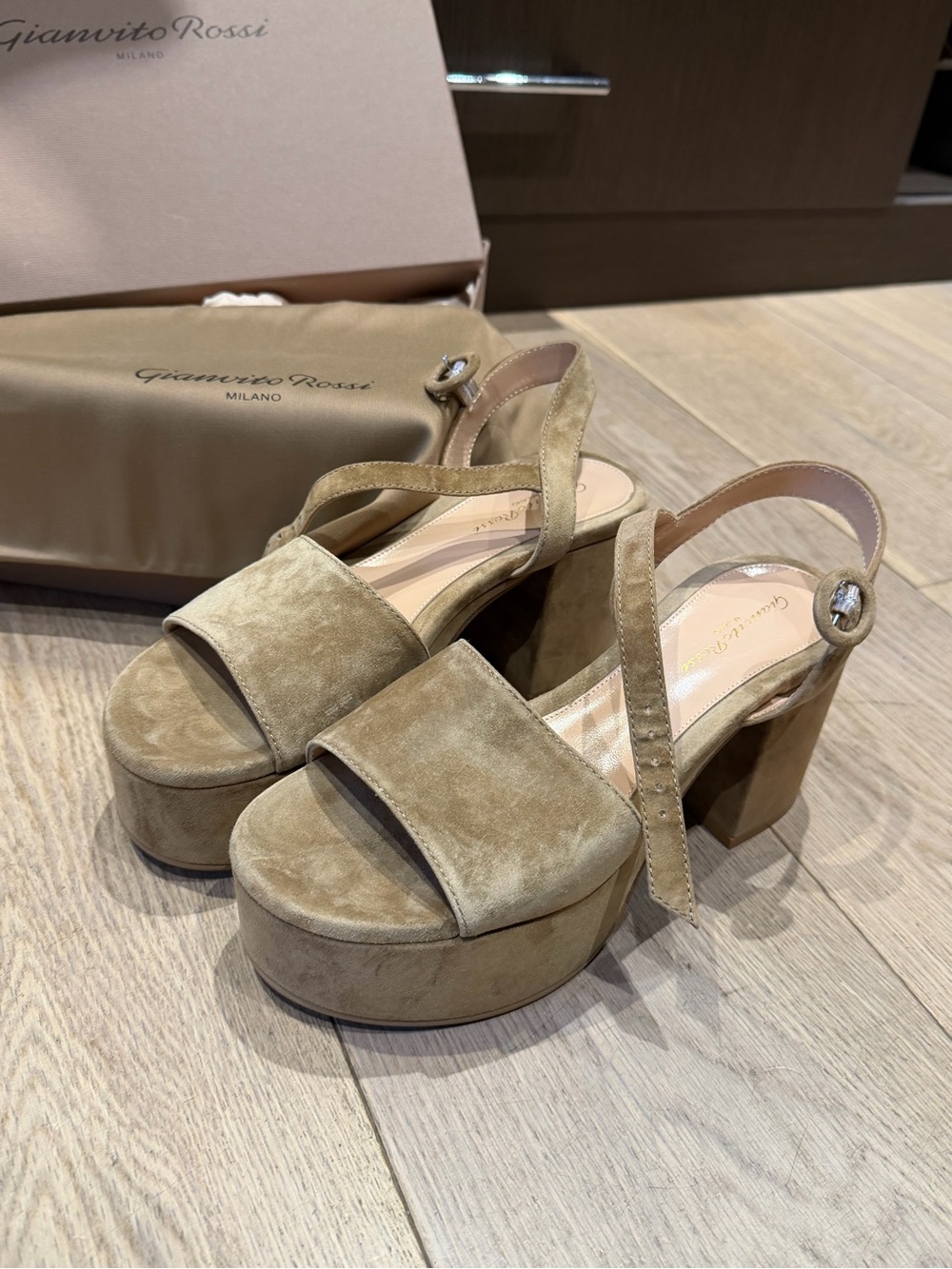 Gianvito Rossi “Carol “ Tan suede platform sandals